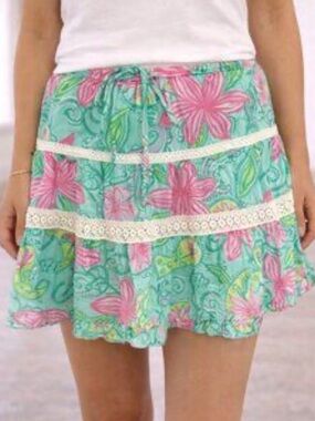 Lilly Pulitzer Pink Floral Tiered Mini Skirt on Aqua Y2K Cotton drawstring lined